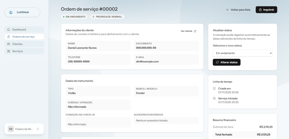Detalhes de uma ordem de serviço em andamento